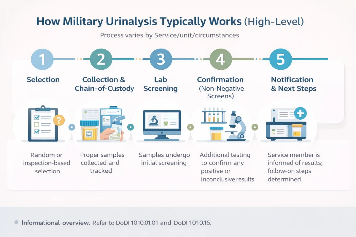 how military urinalysis usually works infographic shows 5 stage process