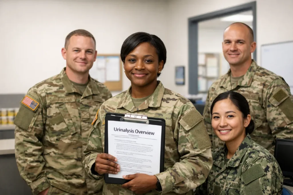 Military drug testing information resources from TricareRehabs.com - AI -generated concept pic shows service members holding a clipboard that says urinalysis testing