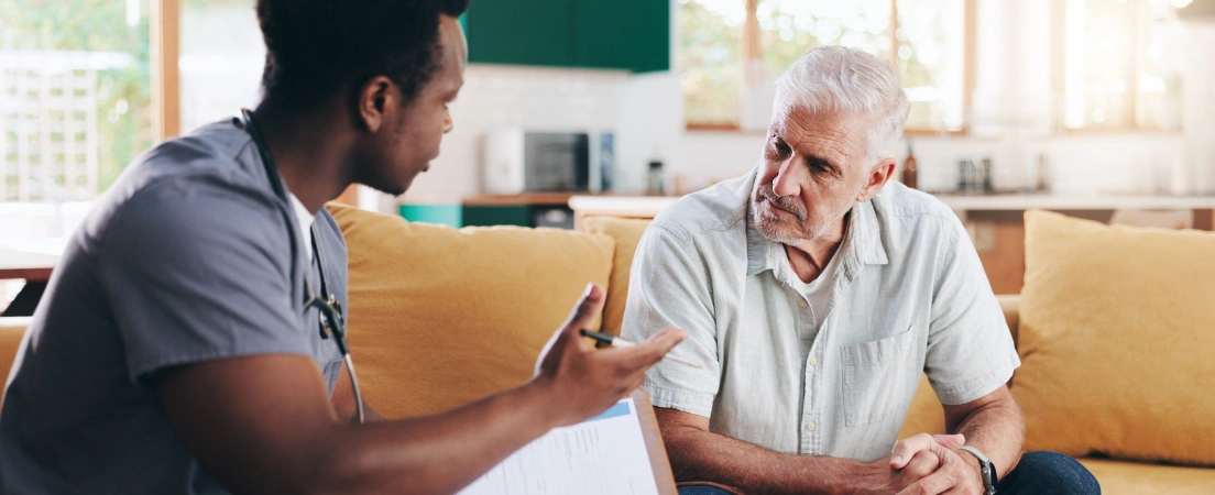 Image of Veteran reviewing mental health treatment options covered under the VA Foreign Medical Program